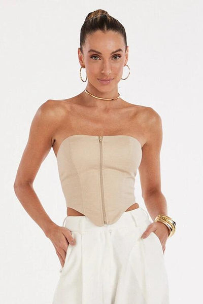 CROPPED TOMARA QUE CAIA COM ZÍPER FRONTAL KAKI CLARO