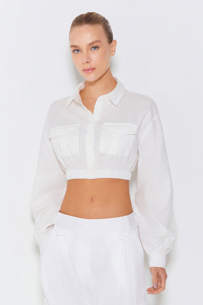 CAMISA MANGA LONGA BUFANTE COM BOLSOS OFF WHITE