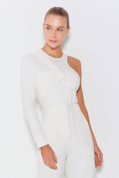 BODY MANGA LONGA ASSIMETRICA COM TORCAO OFF WHITE
