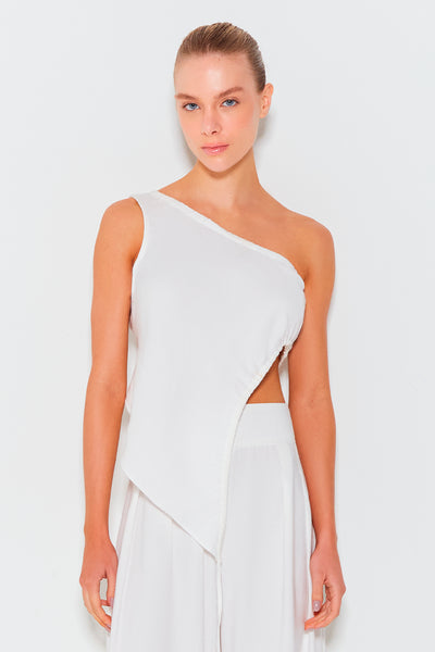 BLUSA UM OMBRO SO COM RECORTE FRANZIDO OFF WHITE
