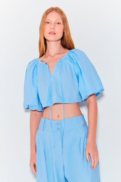 BLUSA MANGA CURTA COM AMARRACAO NO DECOTE AZUL BEBE