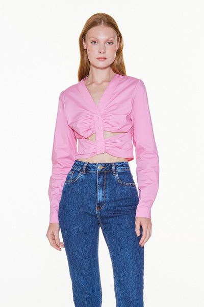 CAMISA MANGA LONGA COM FRANZIDO E RECORTE ROSA CLARO