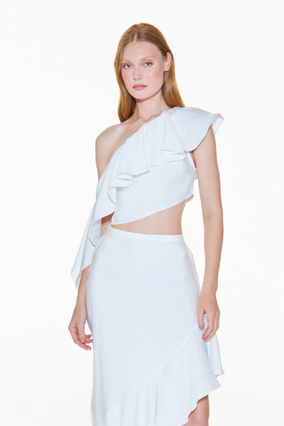 CROPPED UM OMBRO SO BABADO ASSIMETRICO OFF WHITE