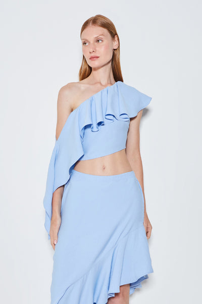 CROPPED UM OMBRO SO BABADO ASSIMETRICO AZUL CINDER