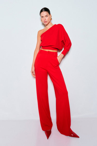 CALÇA PANTALONA COM FRISOS VERMELHO