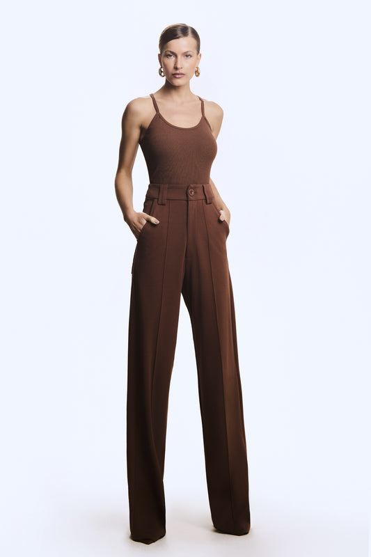 CALÇA PANTALONA COM FRISOS PRETO MARROM