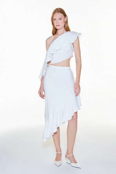 SAIA MIDI BABADO ASSIMETRICO OFF WHITE