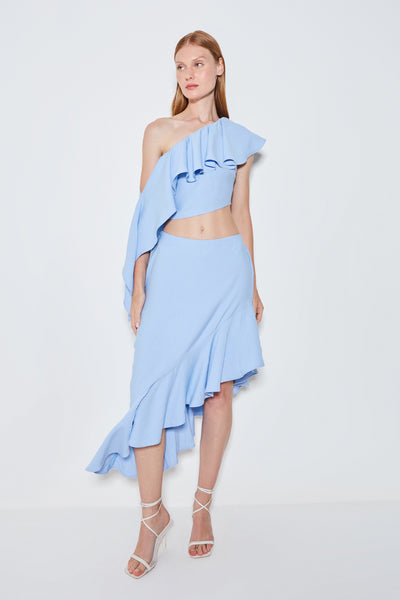 SAIA MIDI BABADO ASSIMETRICO AZUL CINDER