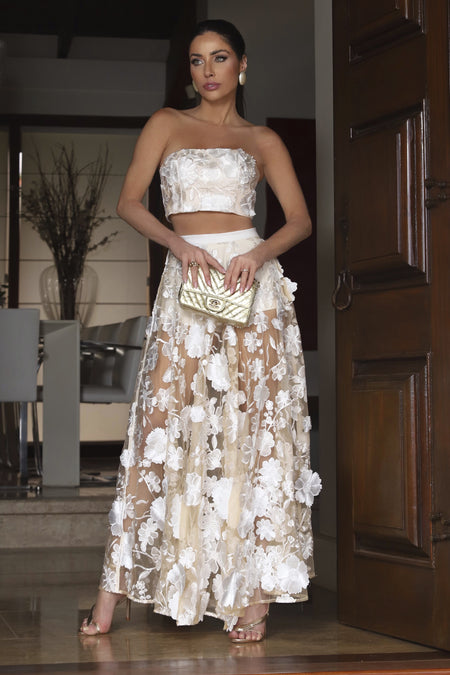 SAIA MIDI EM TULE BORDADO COM COS MEDIO OFF WHITE