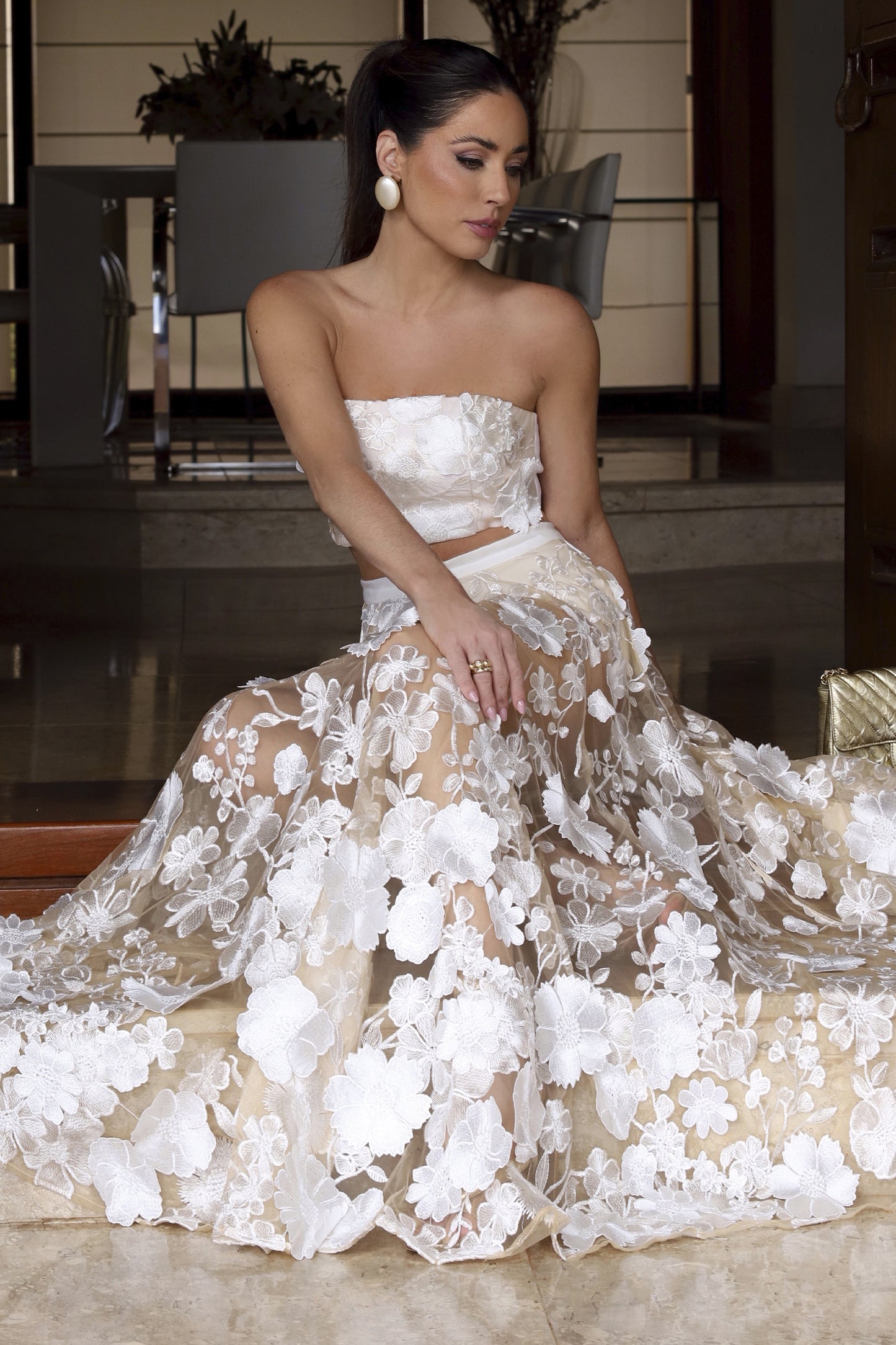 SAIA MIDI EM TULE BORDADO COM COS MEDIO OFF WHITE