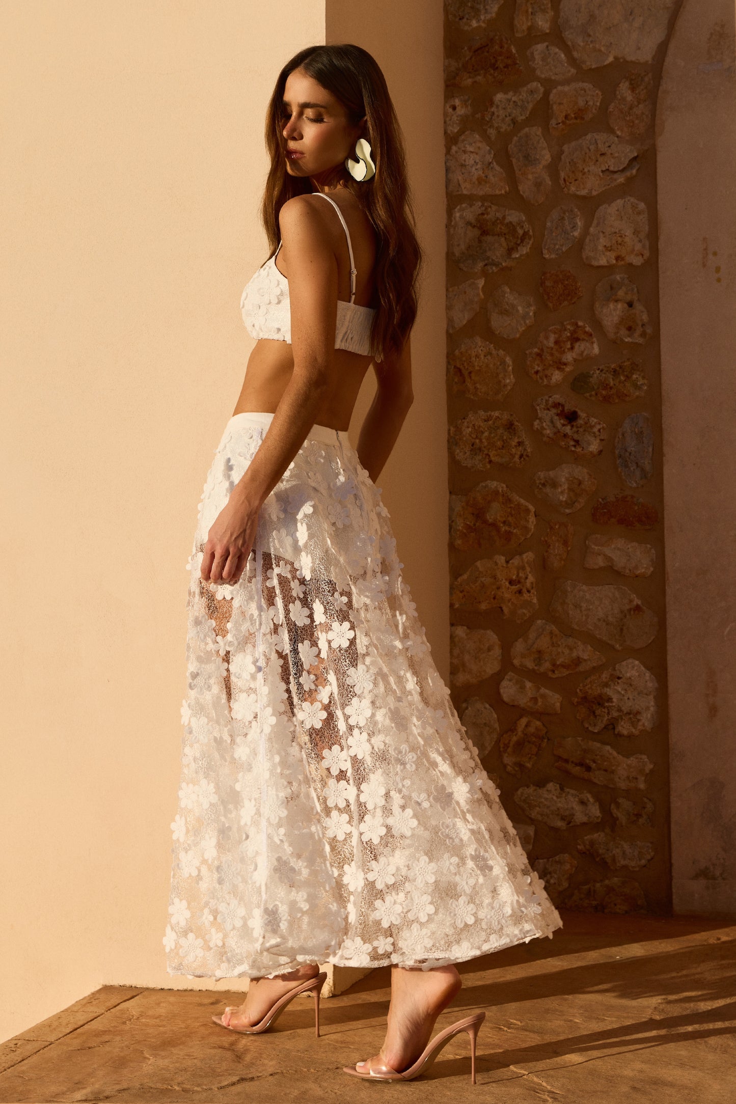 SAIA MIDI COS MEDIO EM TULE BORDADO OFF WHITE