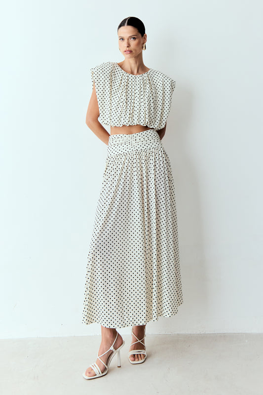 SAIA MIDI AMPLA COM COS LARGO E FRANZIDO POÁ OFF WHITE