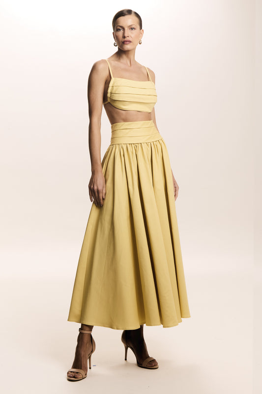 SAIA MIDI AMPLA COM COS LARGO ACINTURADO AMARELO MANTEIGA