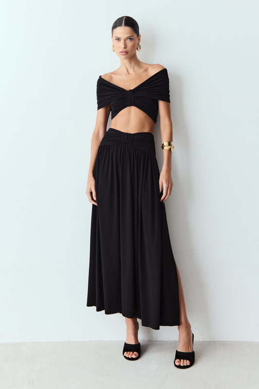 SAIA MIDI AMPLA COS LARGO COM DETALHE PRETO