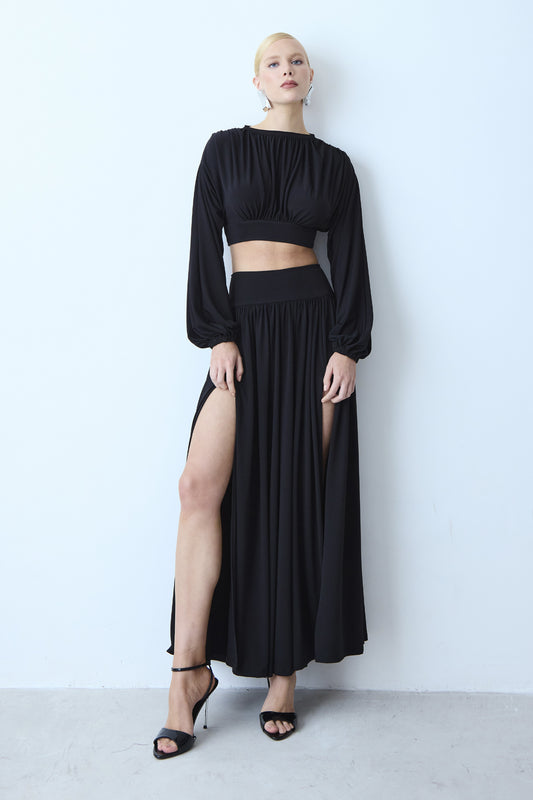 SAIA MIDI FLUIDA COS LARGO ZIPER DE METAL COSTAS PRETO