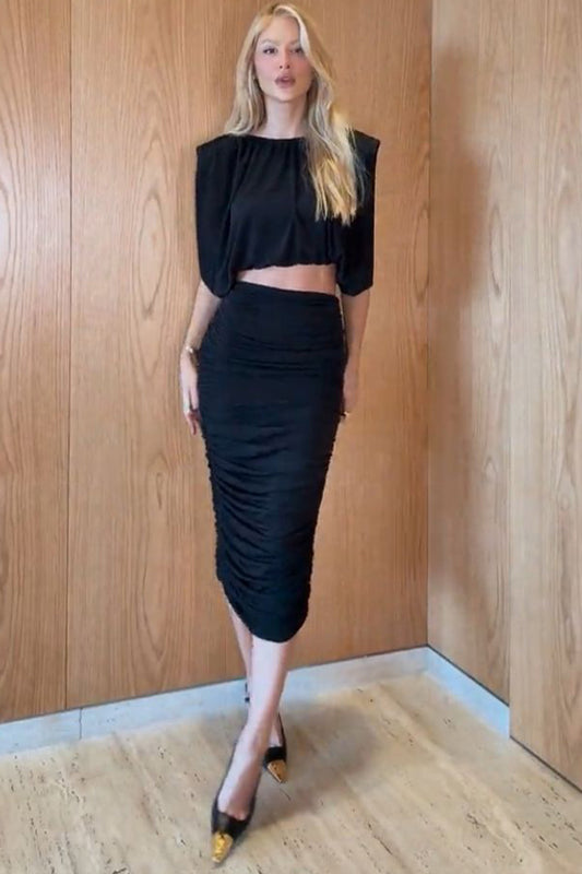 SAIA MIDI CINTURA ALTA COM FRANZIDOS PRETO