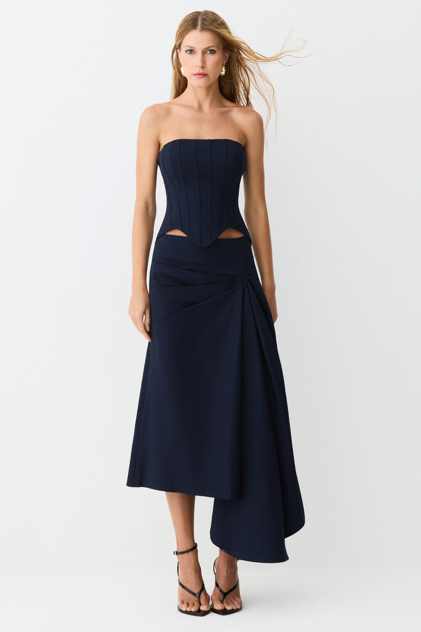 SAIA MIDI COM DRAPEADOS E  DETALHE LATERAL AZUL MARINHO