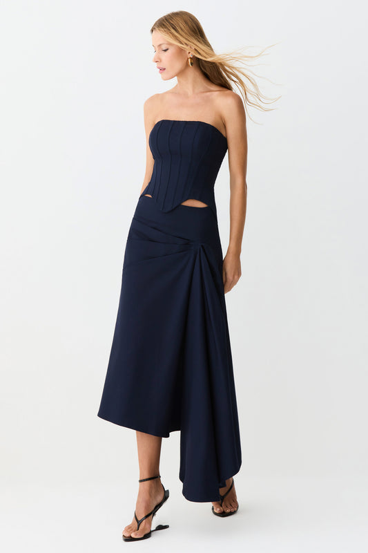 SAIA MIDI COM DRAPEADOS E  DETALHE LATERAL AZUL MARINHO