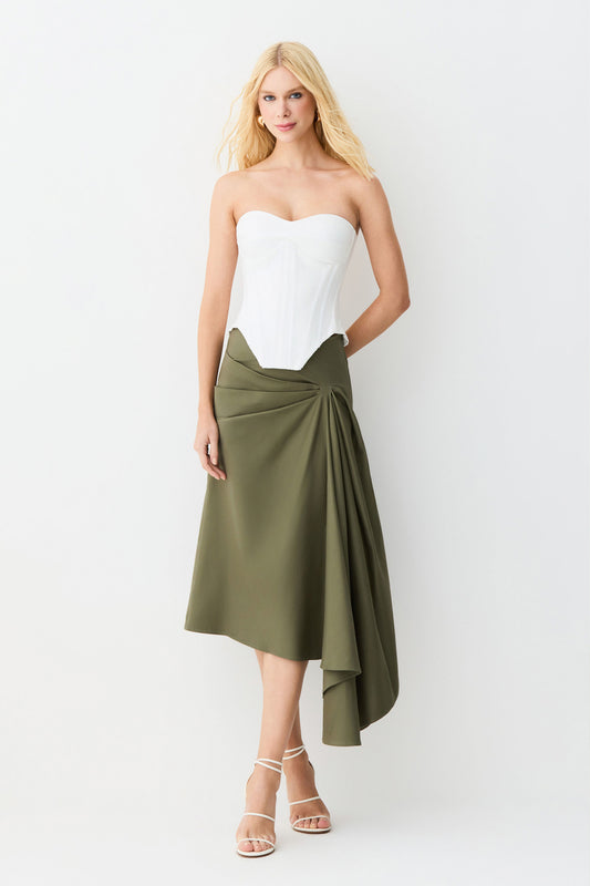 SAIA MIDI COM DRAPEADOS E  DETALHE LATERAL VERDE MILITAR