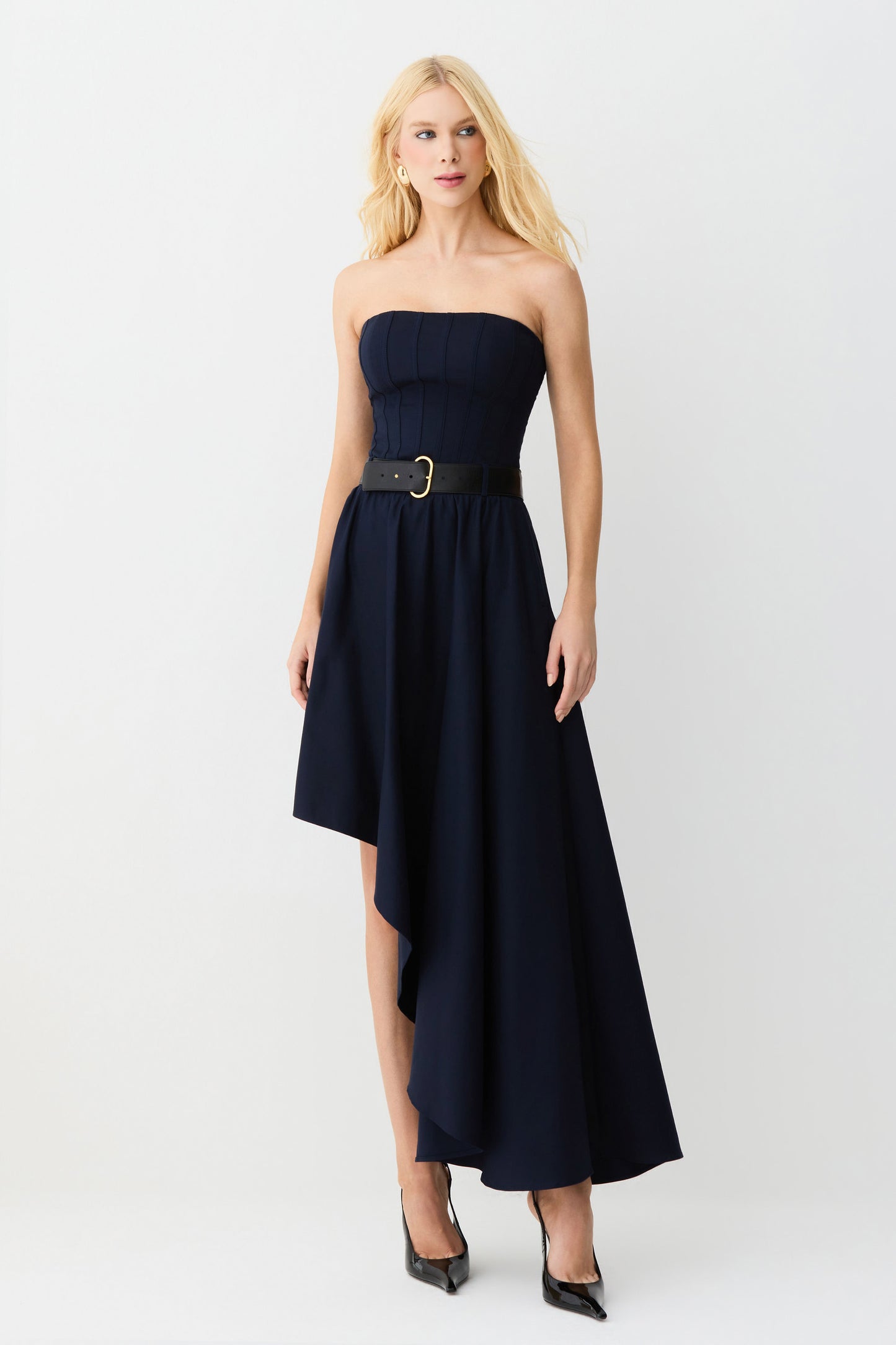 SAIA MIDI COS COM PASSANTES E BARRA ASSIMETRICA AZUL MARINHO