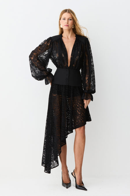 SAIA MIDI BARRA ASSIMETRICA EM RENDA PRETO