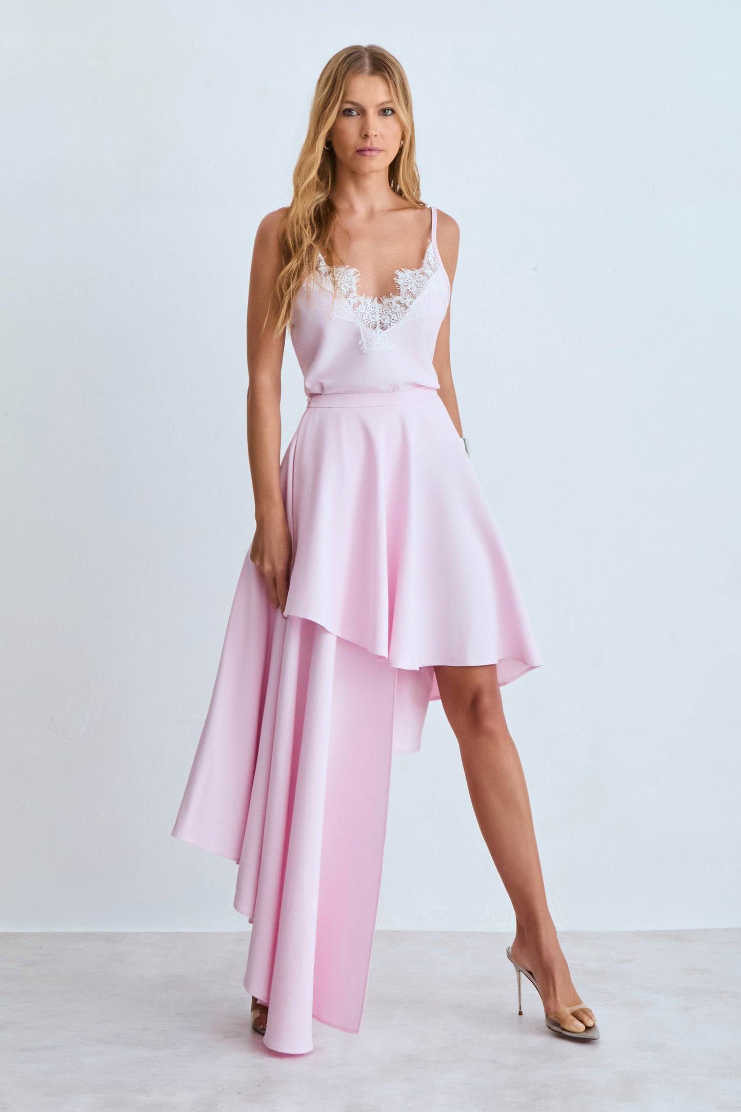 SAIA MIDI BARRA ASSIMETRICA E LATERAL CALDA LONGA ROSA BEBE