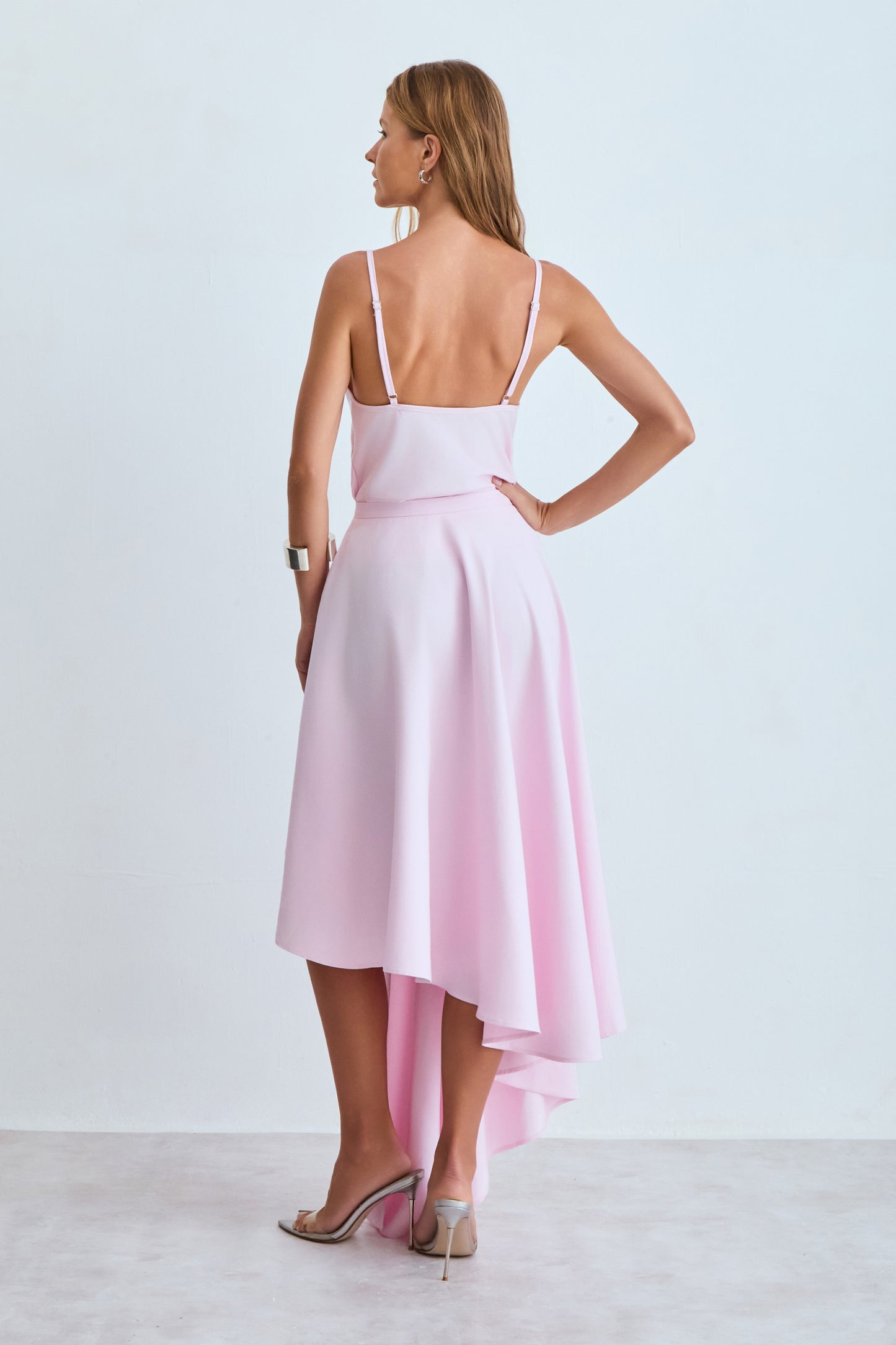 SAIA MIDI BARRA ASSIMETRICA E LATERAL CALDA LONGA ROSA BEBE