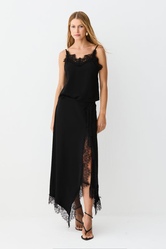 SAIA MIDI COM BARRA E DETALHES EM RENDA PRETO