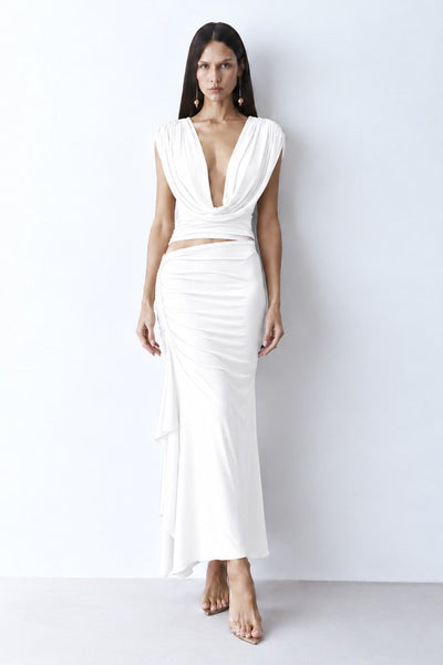 SAIA MIDI ALONGADA COM DRAPEADOS E VOLUME LATERAL OFF WHITE