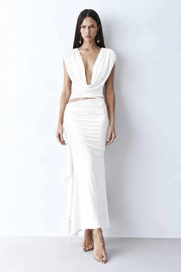 SAIA MIDI ALONGADA COM DRAPEADOS E VOLUME LATERAL OFF WHITE