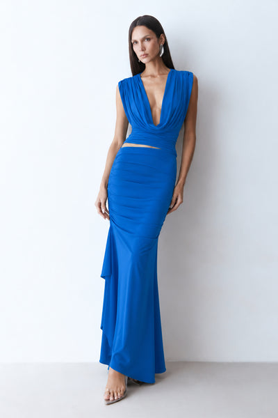 SAIA MIDI ALONGADA COM DRAPEADOS E VOLUME LATERAL AZUL REAL
