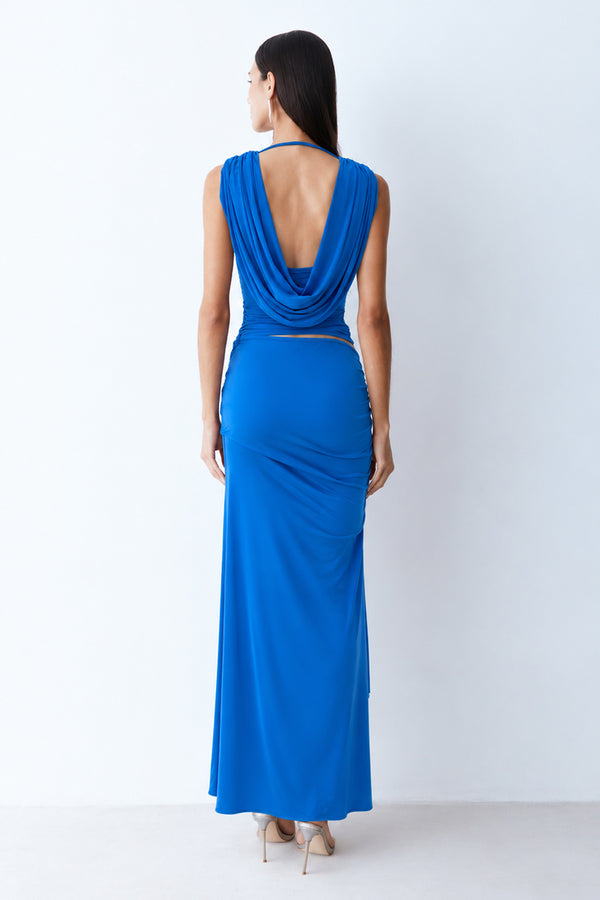 SAIA MIDI ALONGADA COM DRAPEADOS E VOLUME LATERAL AZUL REAL