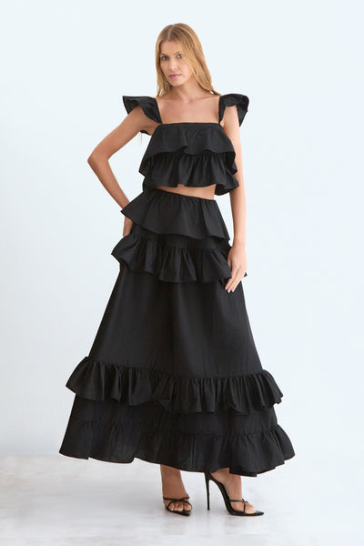 SAIA MIDI COM VOLUME E BABADOS PRETO