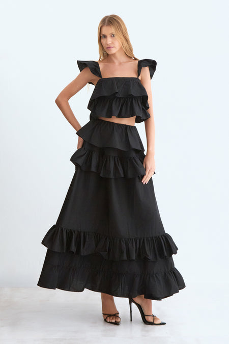 SAIA MIDI COM VOLUME E BABADOS PRETO