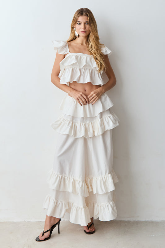 SAIA MIDI COM VOLUME E BABADOS OFF WHITE