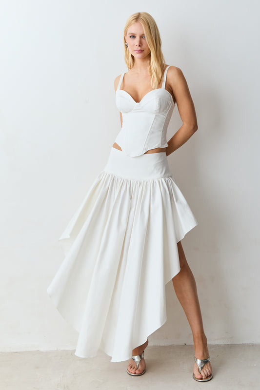 SAIA MIDI COS LARGO FRENTE E COSTAS ALONGADAS OFF WHITE
