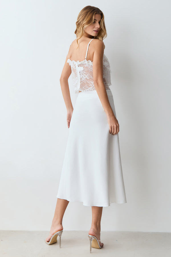 SAIA MIDI RECORTE CINTURA BARRA ASSIMETRE COM RENDA OFF WHITE
