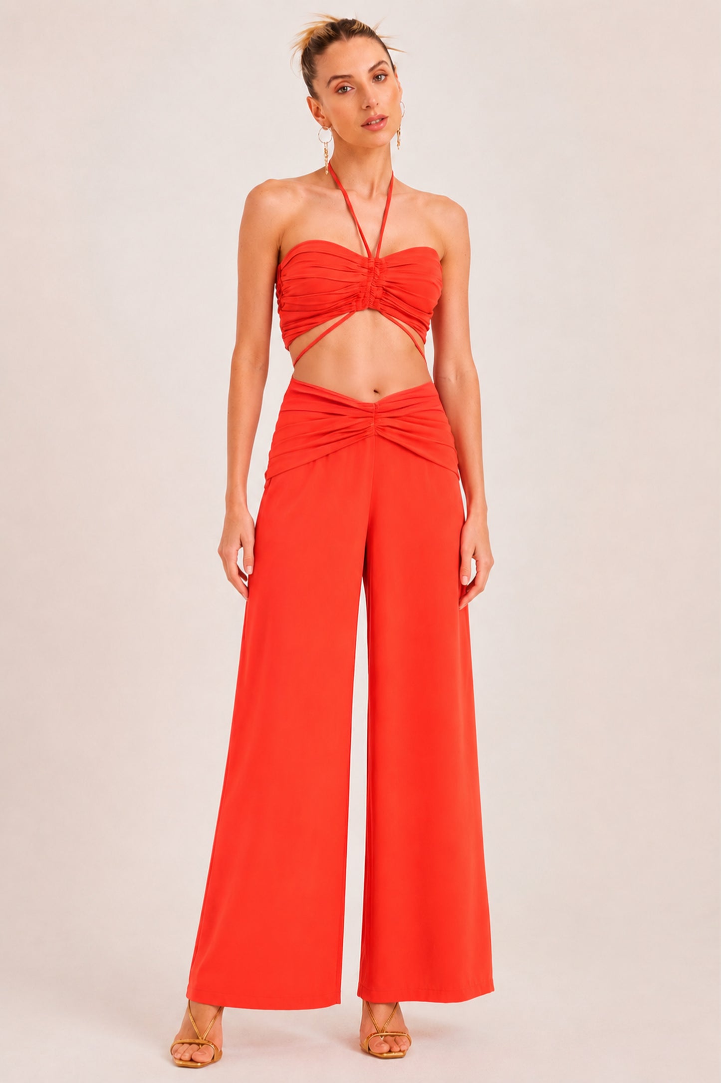 CALÇA PANTALONA COM COS FRANZIDO TERRACOTA