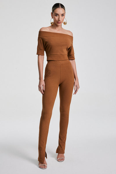 CALÇA SKINNY COM ZIPER NA BARRA MARROM CHOCOLATE