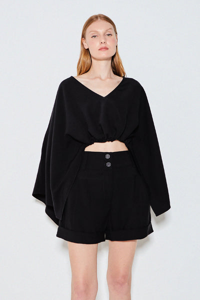 BLUSA MANGA LONGA FLUIDA DECOTE V PRETO