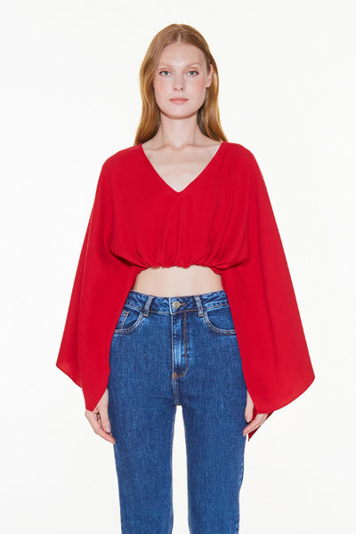 BLUSA MANGA LONGA FLUIDA DECOTE V VERMELHO RUBI