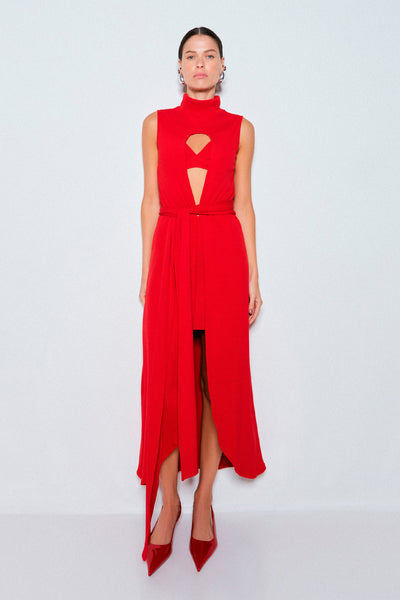 BLUSA GOLA ALTA ALONGADA COM ABERTURA FRONTAL VERMELHO