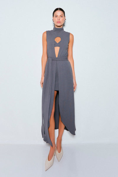 BLUSA GOLA ALTA ALONGADA COM ABERTURA FRONTAL CINZA