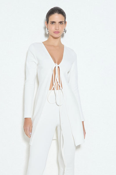 BLUSA MANGA LONGA COM AMARRACAO EM MALHA CANELADA OFF WHITE