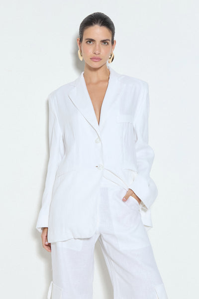 BLAZER LONGO EM LINHO COM OMBREIRAS BRANCO