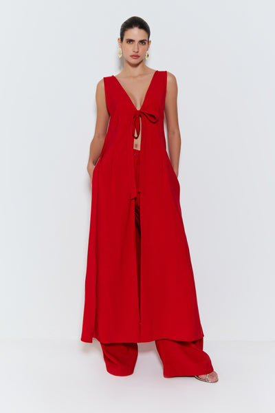 BLUSA ALONGADA COM AMARRAÇÃO FRONTAL VERMELHO RUBI