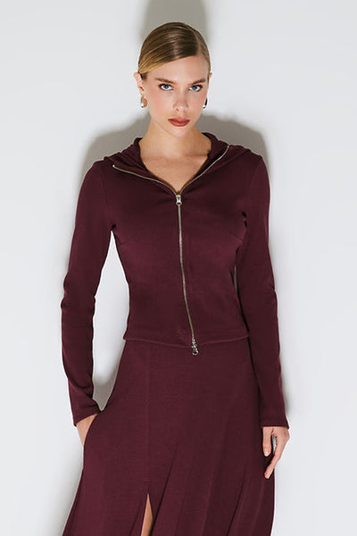 BLUSA MANGA LONGA COM ZIPER DE METAL FRONTAL E CAPUZ VINHO
