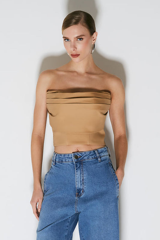 CROPPED TOMARA QUE CAIA ESTRUTURADO COM SOBREPOSICOES KAKI
