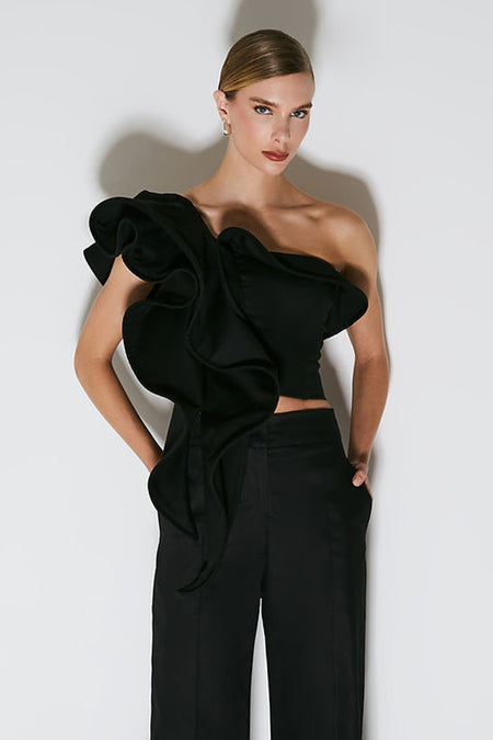 CROPPED BABADO CASCATA  ESTRUTURADO PRETO