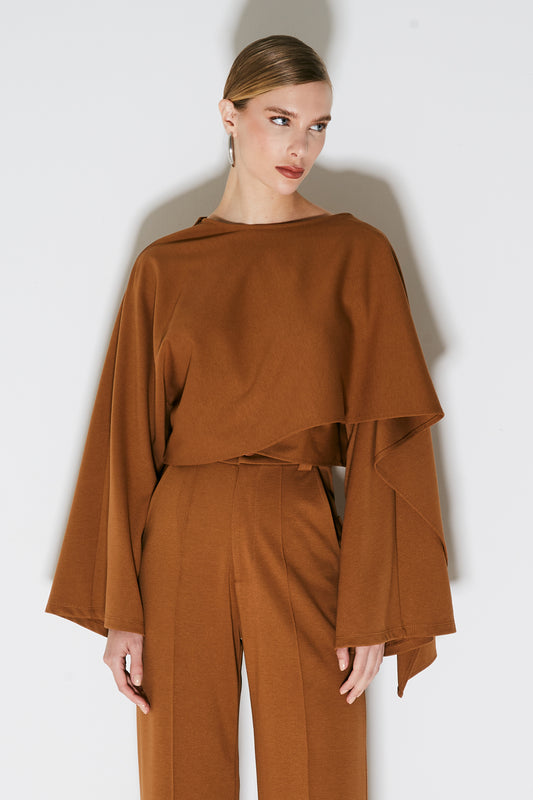 BLUSA MANGA LONGA PONCHO ASSIMETRICO MARROM CHOCOLATE